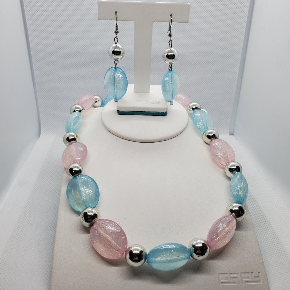 Blue, Pink, & Silver Necklace & Earrings Set